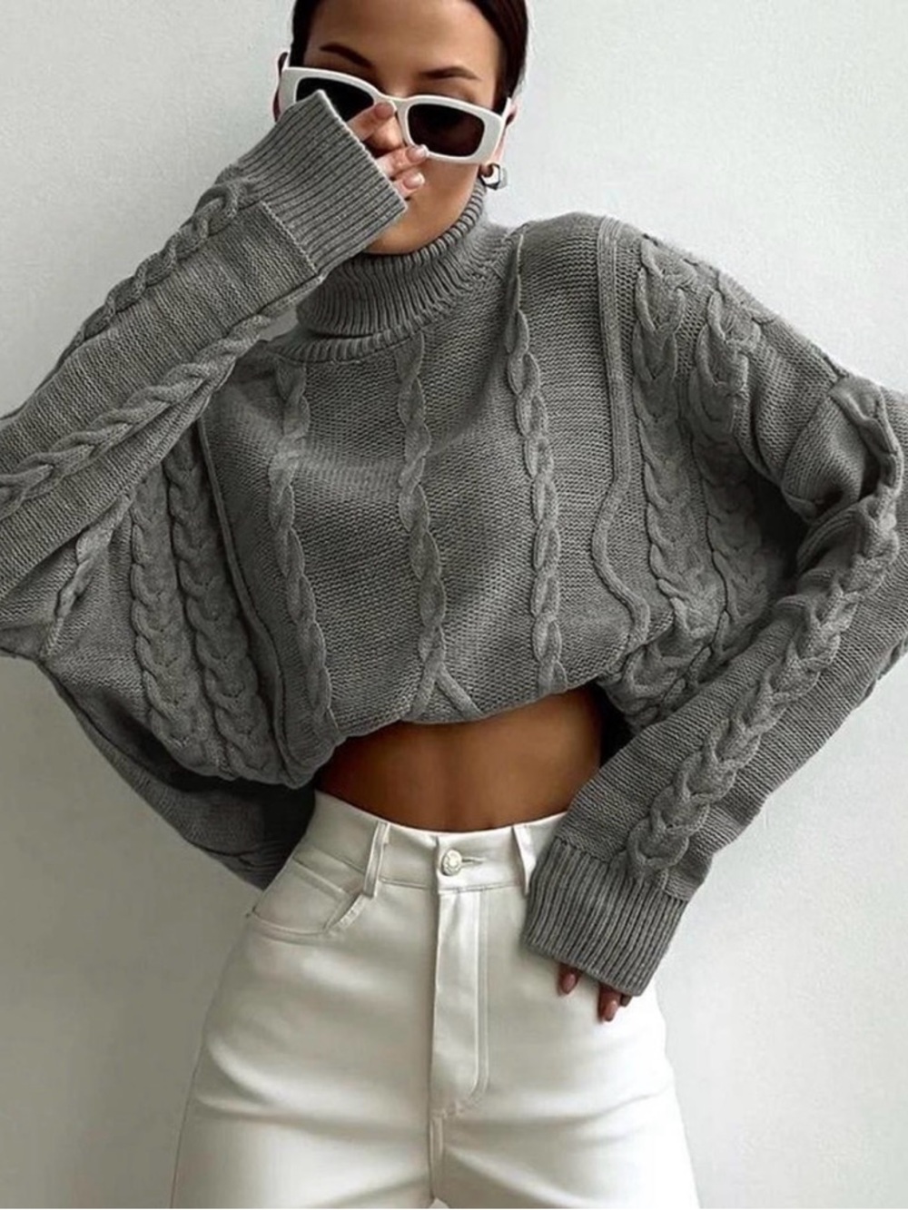 Commense Gray Cable-Knit Cropped Turtleneck Sweater